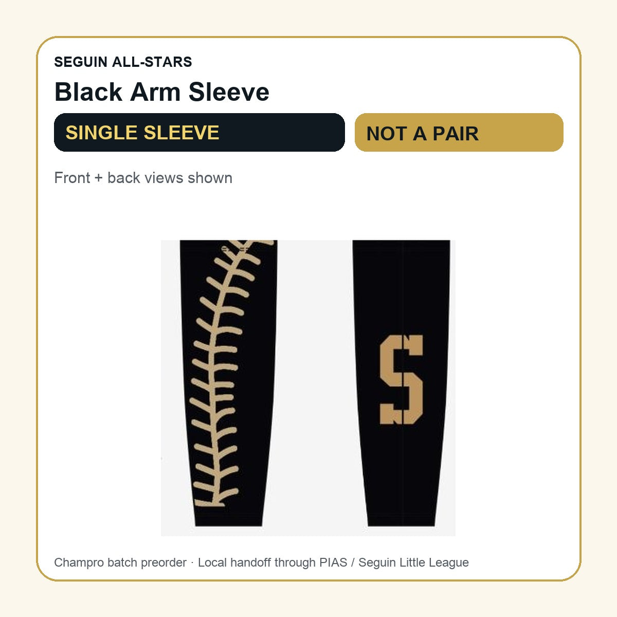 Seguin Champro black arm sleeve single sleeve not a pair