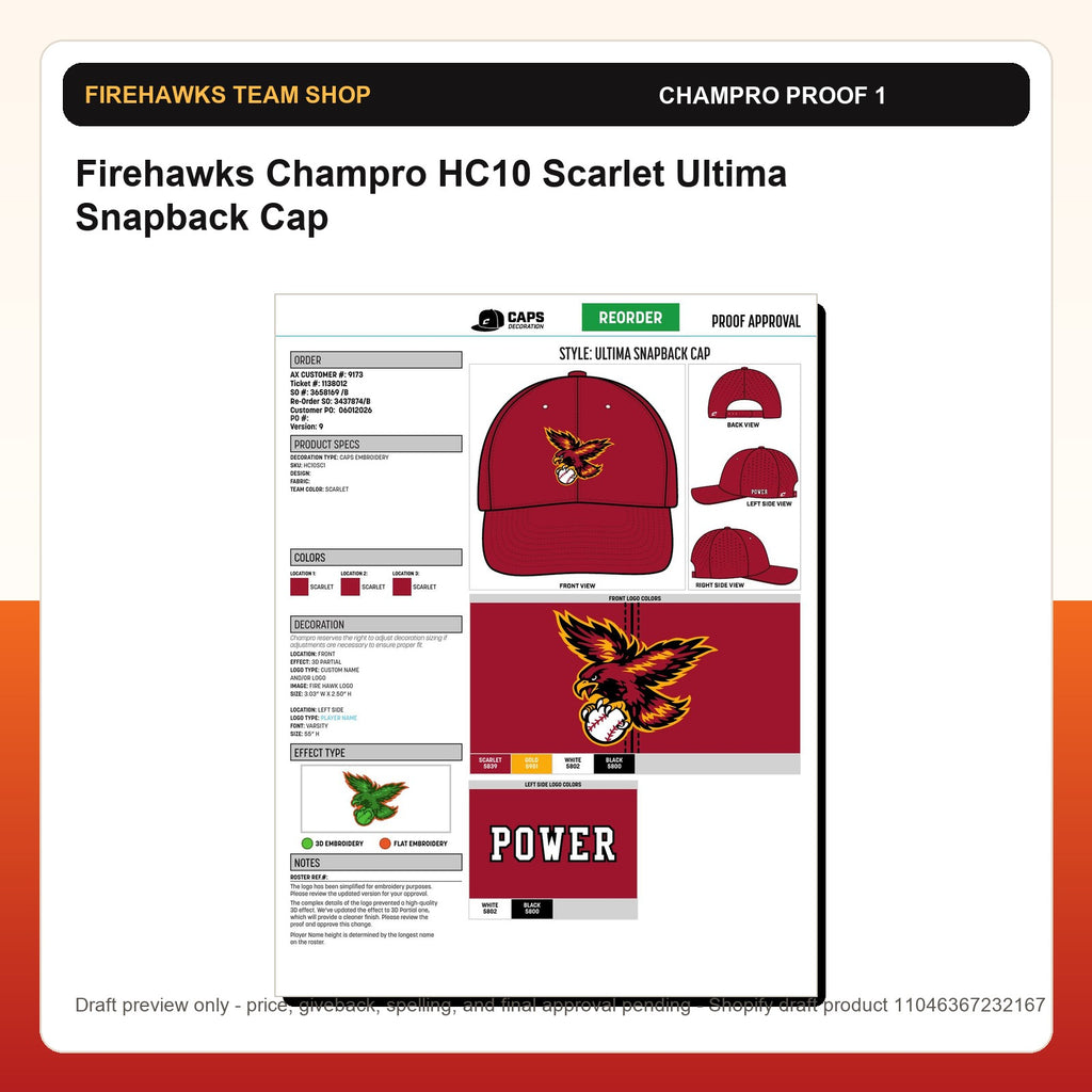 Firehawks Champro HC10 Scarlet Ultima Snapback Cap - Custom Batch Preorder Champro proof preview 1