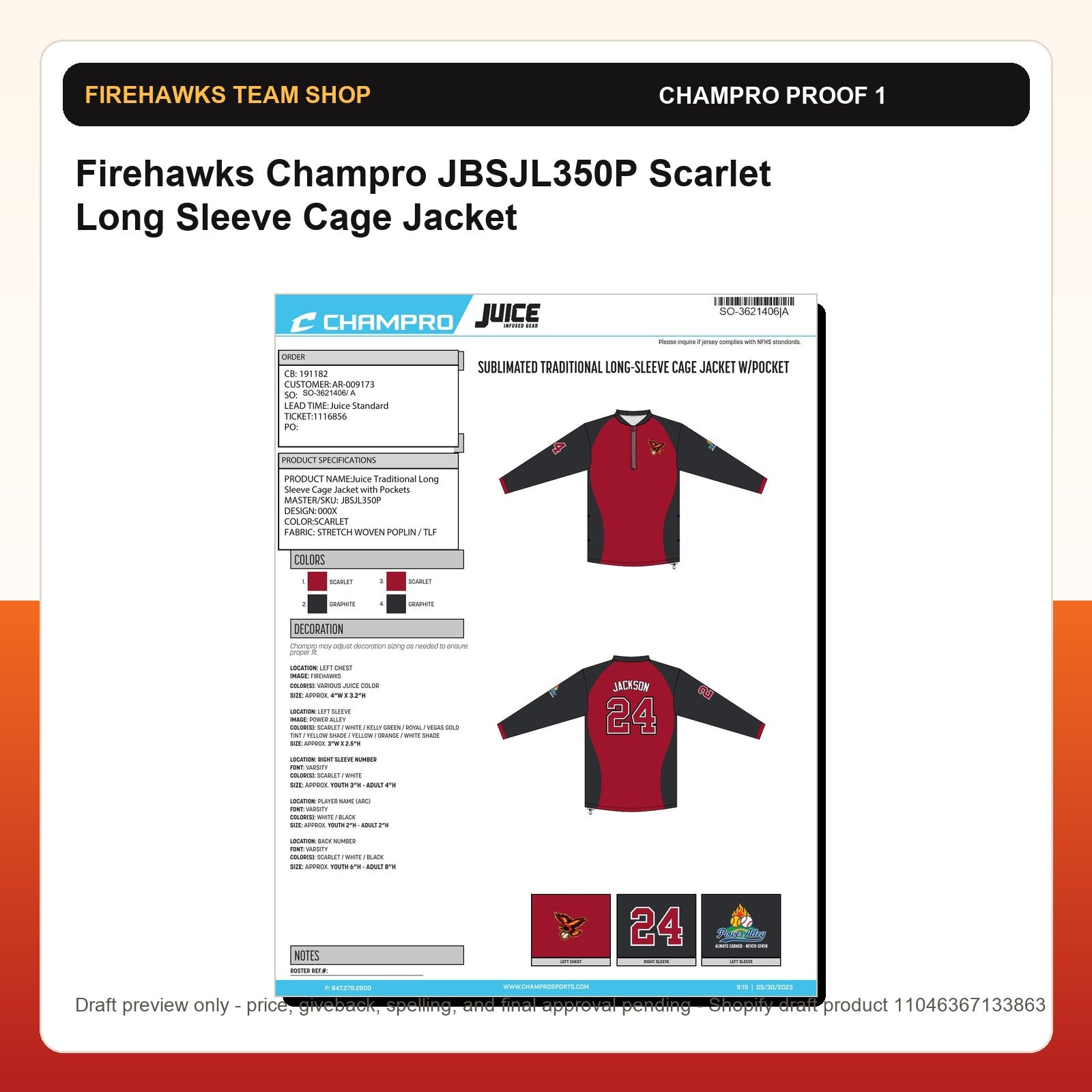 Firehawks Champro JBSJL350P Scarlet Long Sleeve Cage Jacket - Custom Batch Preorder Champro proof preview 1