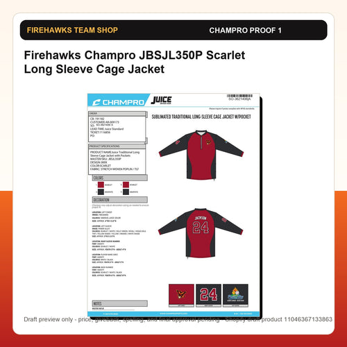 Firehawks Champro JBSJL350P Scarlet Long Sleeve Cage Jacket - Custom Batch Preorder Champro proof preview 1