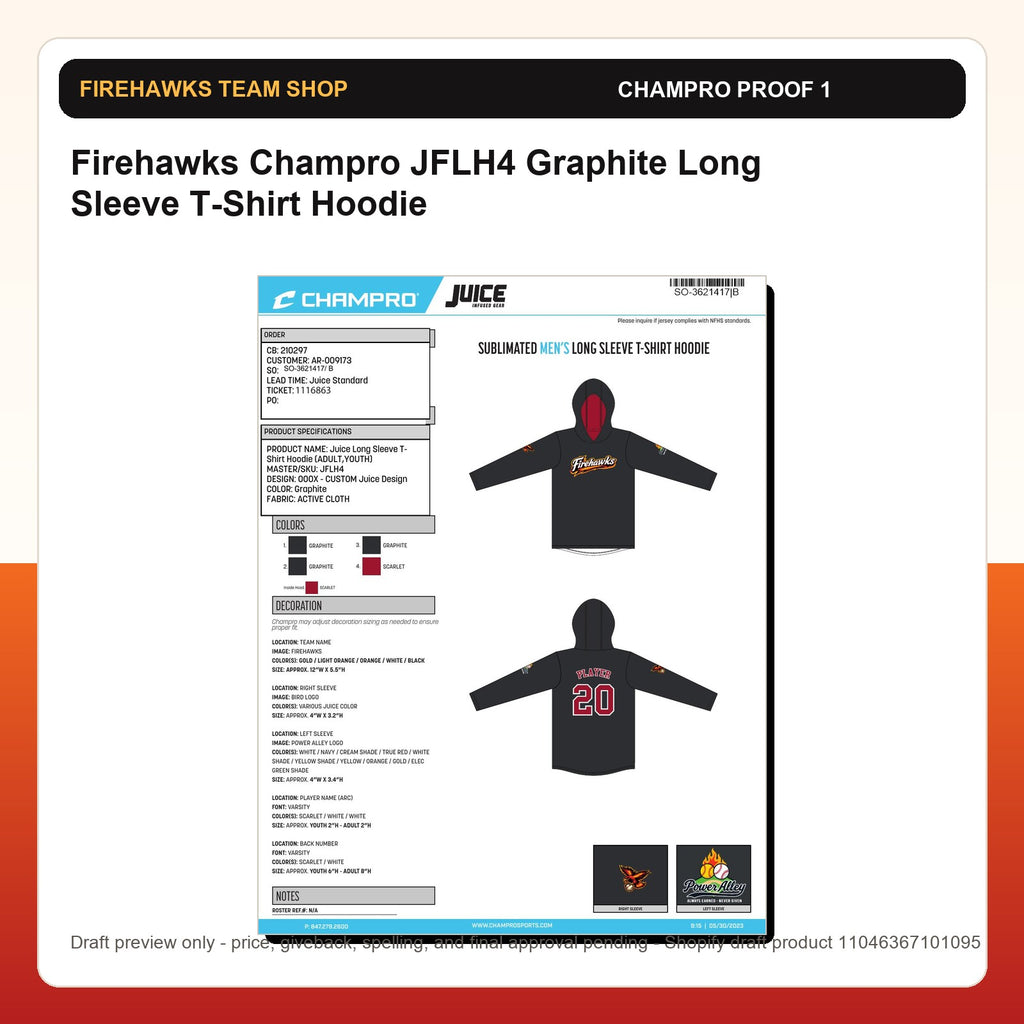 Firehawks Champro JFLH4 Graphite Long Sleeve T-Shirt Hoodie - Custom Batch Preorder Champro proof preview 1