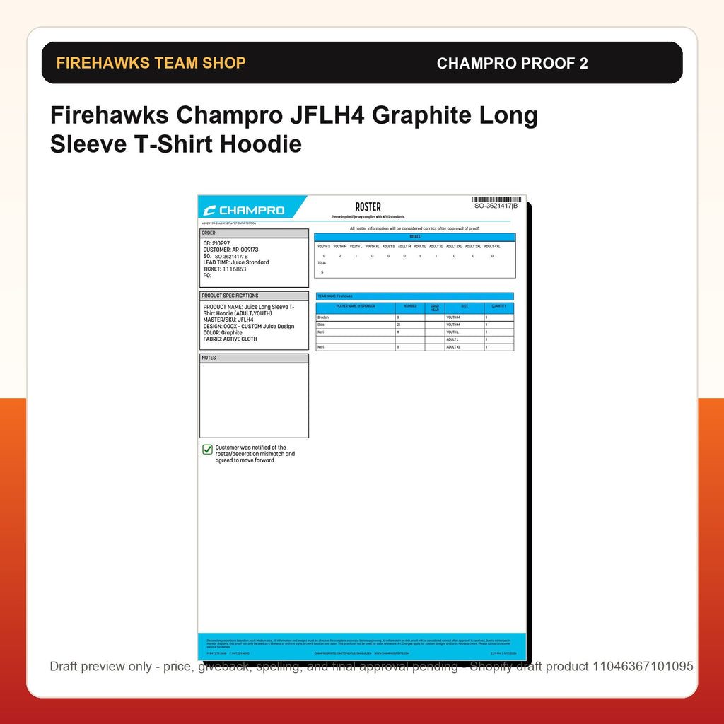 Firehawks Champro JFLH4 Graphite Long Sleeve T-Shirt Hoodie - Custom Batch Preorder Champro proof preview 2