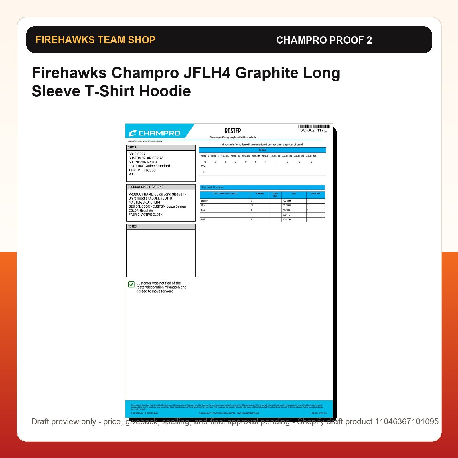 Firehawks Champro JFLH4 Graphite Long Sleeve T-Shirt Hoodie - Custom Batch Preorder Champro proof preview 2