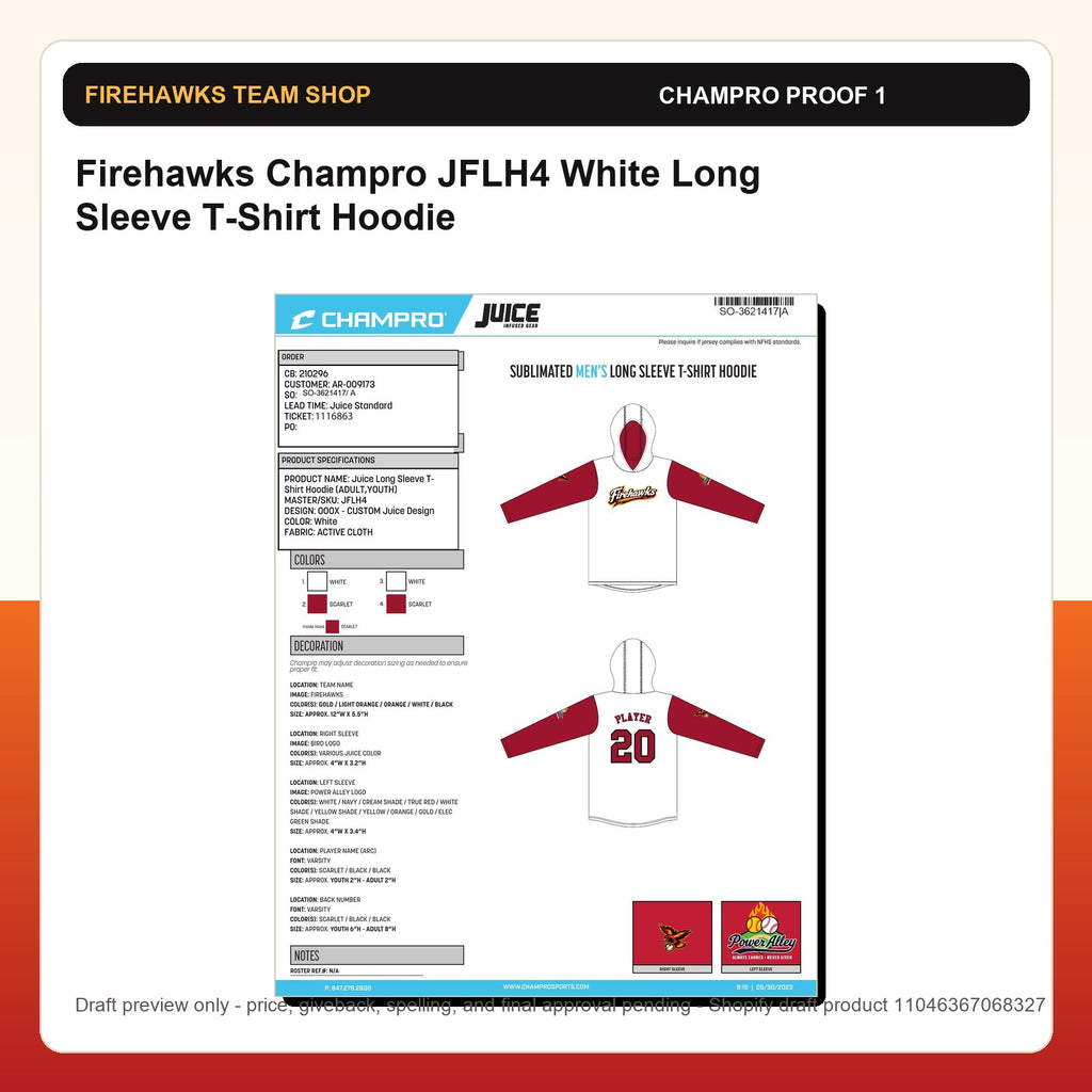 Firehawks Champro JFLH4 White Long Sleeve T-Shirt Hoodie - Custom Batch Preorder Champro proof preview 1