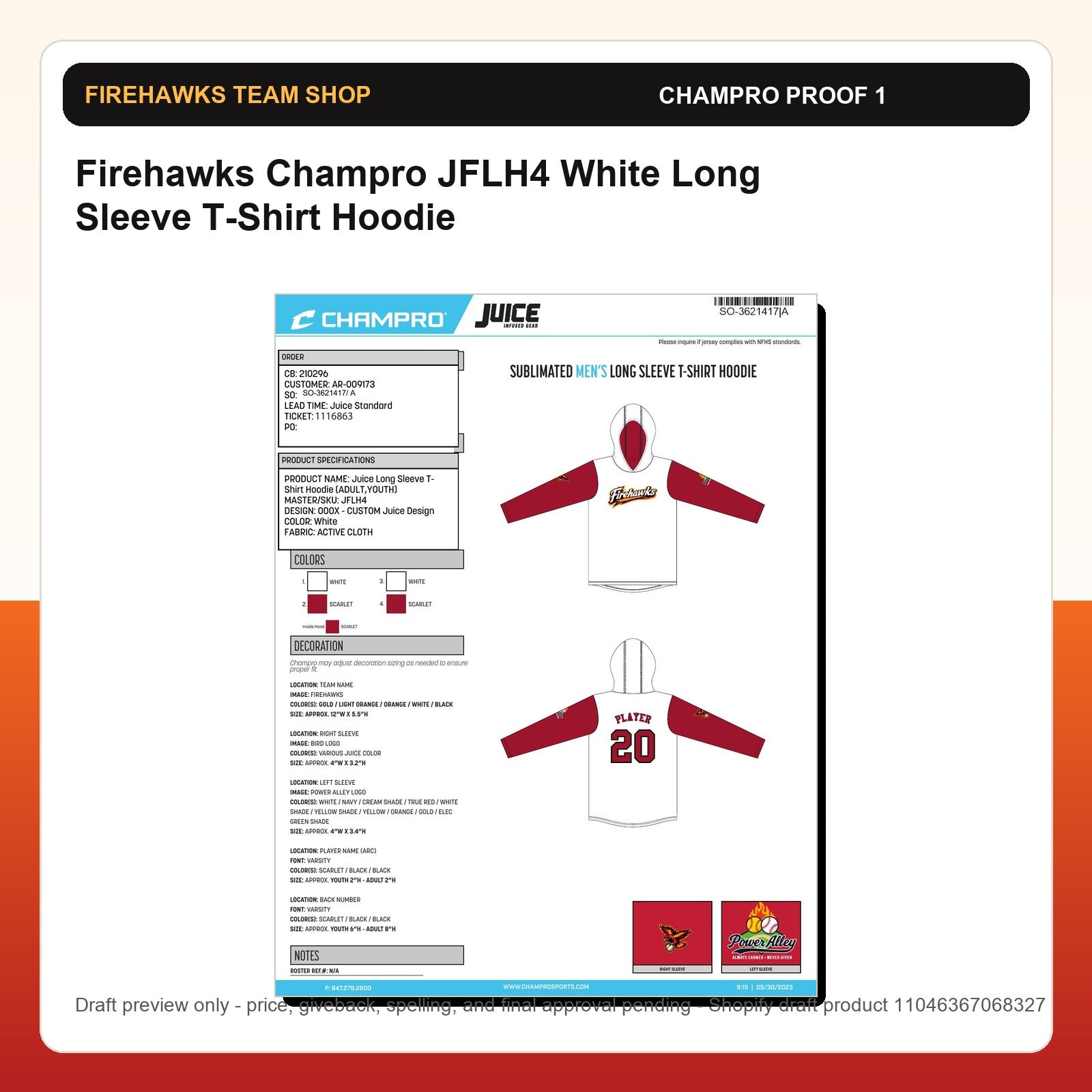 Firehawks Champro JFLH4 White Long Sleeve T-Shirt Hoodie - Custom Batch Preorder Champro proof preview 1