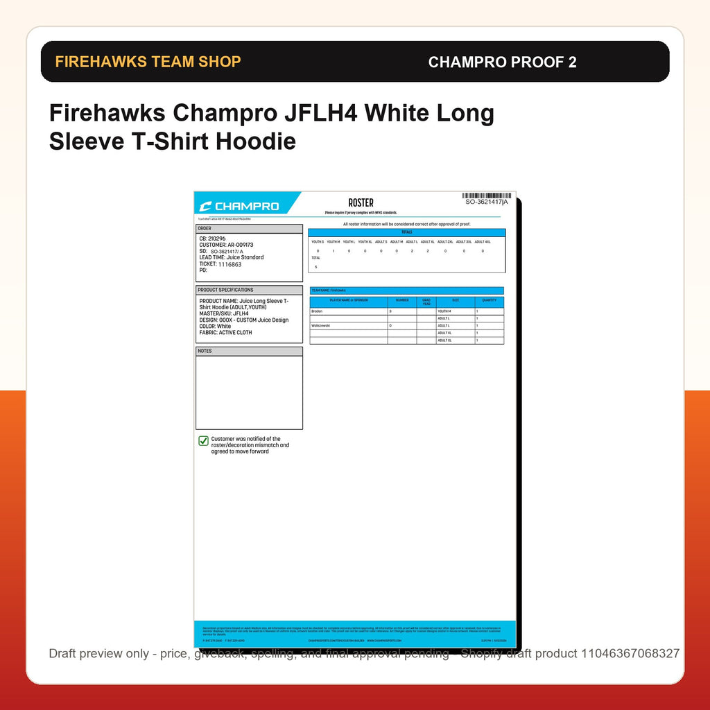 Firehawks Champro JFLH4 White Long Sleeve T-Shirt Hoodie - Custom Batch Preorder Champro proof preview 2