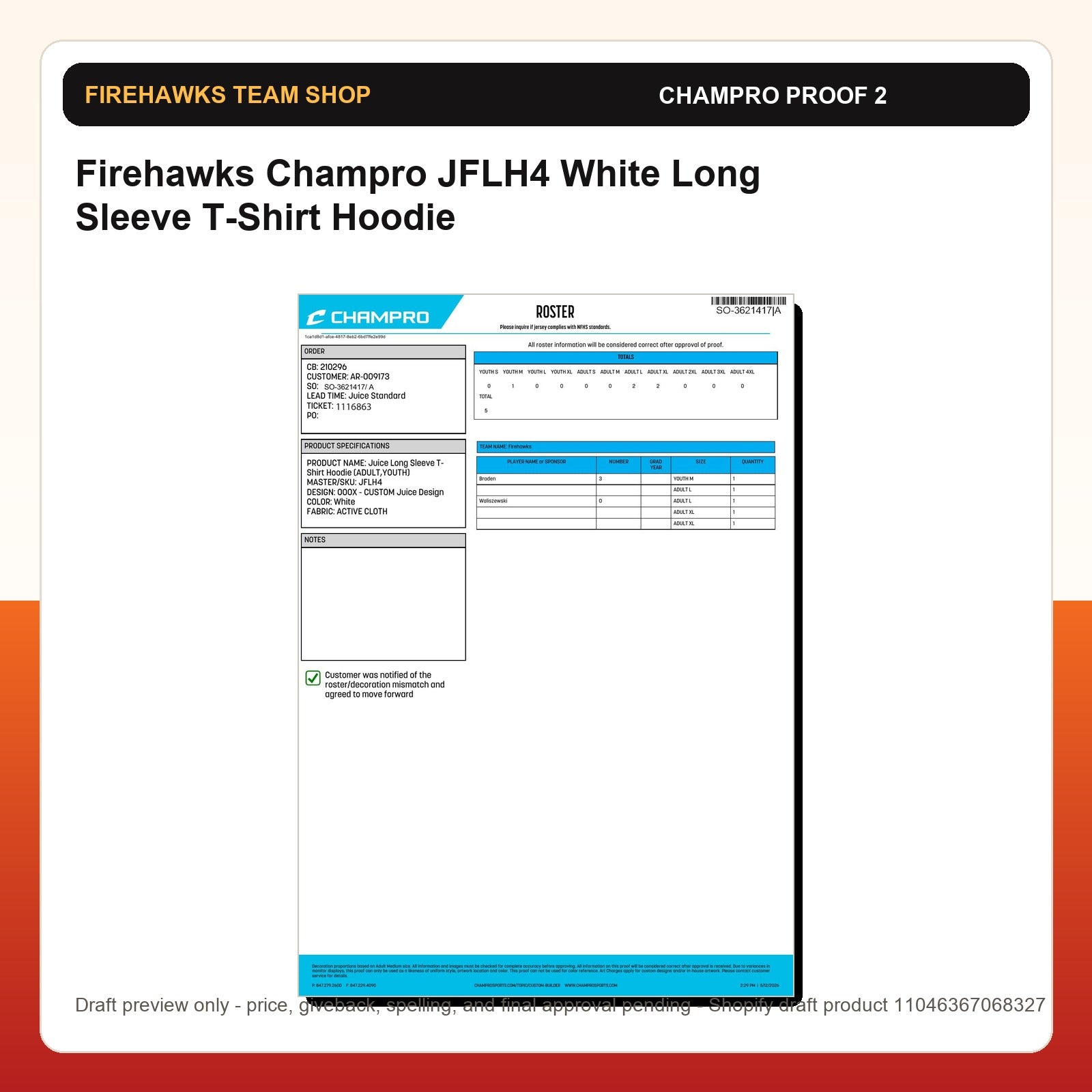 Firehawks Champro JFLH4 White Long Sleeve T-Shirt Hoodie - Custom Batch Preorder Champro proof preview 2