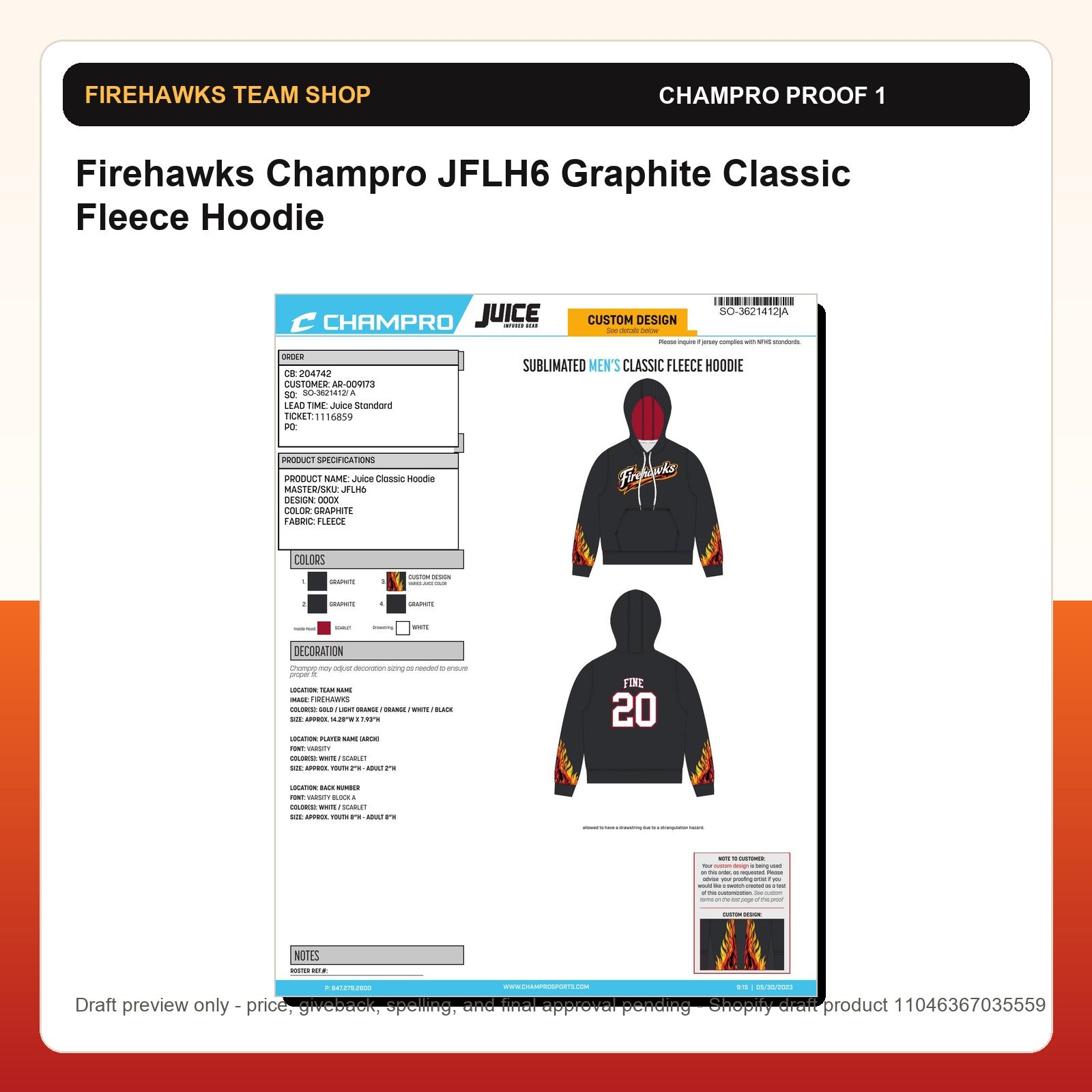 Firehawks Champro JFLH6 Graphite Classic Fleece Hoodie - Custom Batch Preorder Champro proof preview 1