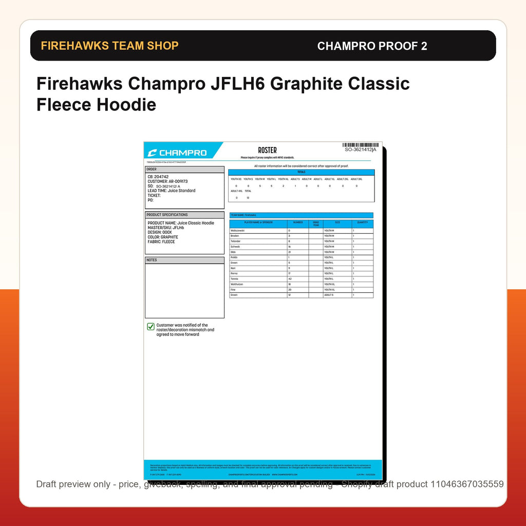 Firehawks Champro JFLH6 Graphite Classic Fleece Hoodie - Custom Batch Preorder Champro proof preview 2