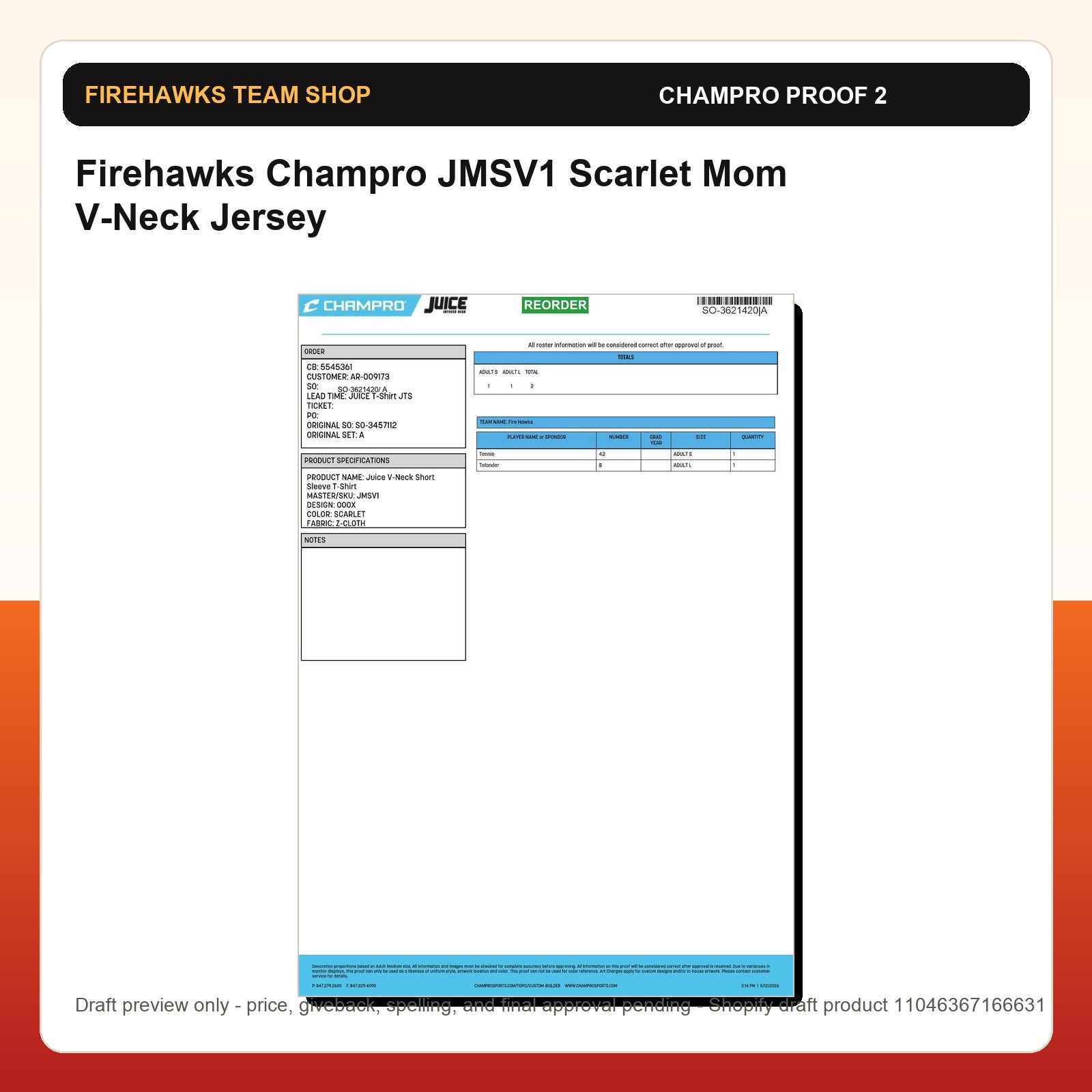 Firehawks Champro JMSV1 Scarlet Mom V-Neck Jersey - Custom Batch Preorder Champro proof preview 2