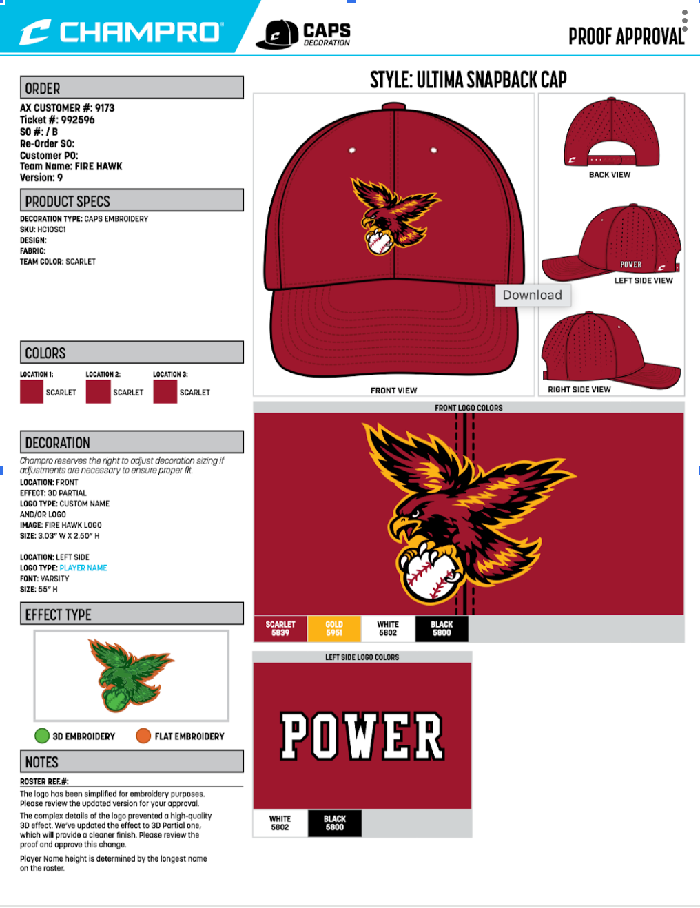 Firehawks scarlet HC10 personalized game cap front