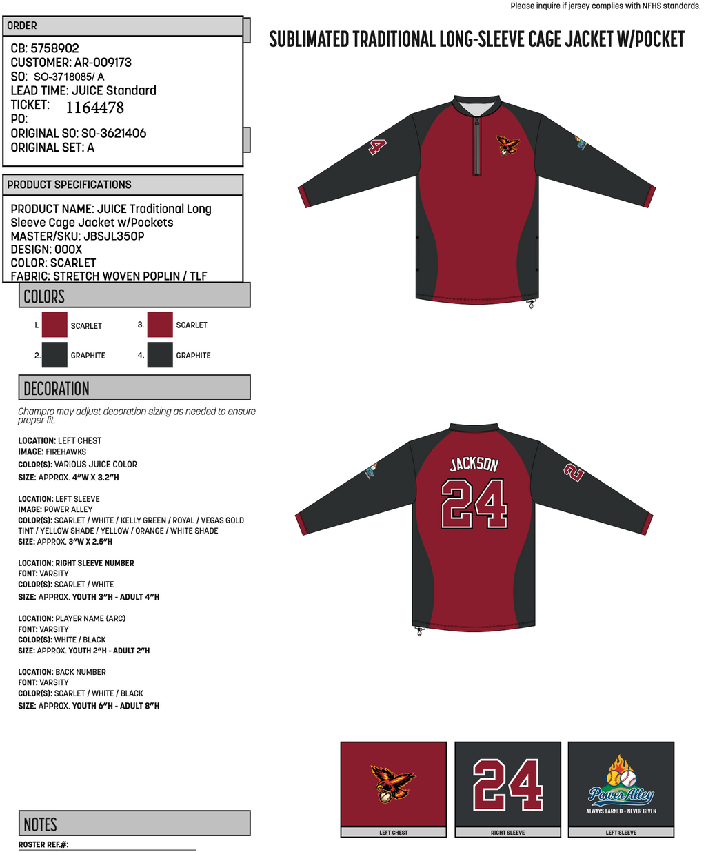Firehawks scarlet JBSJL350P long-sleeve cage jacket proof