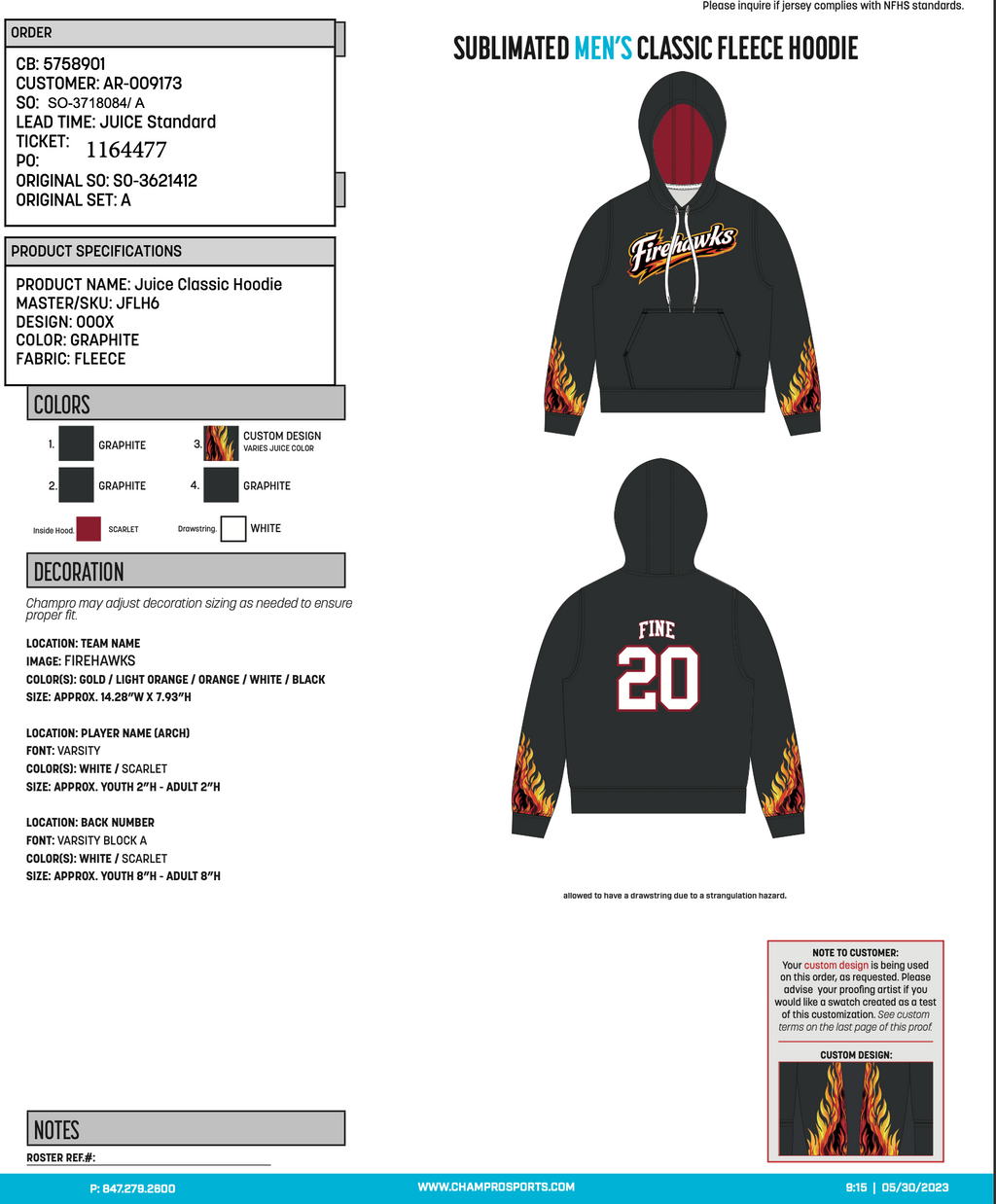Firehawks graphite JFLH6 classic fleece hoodie front