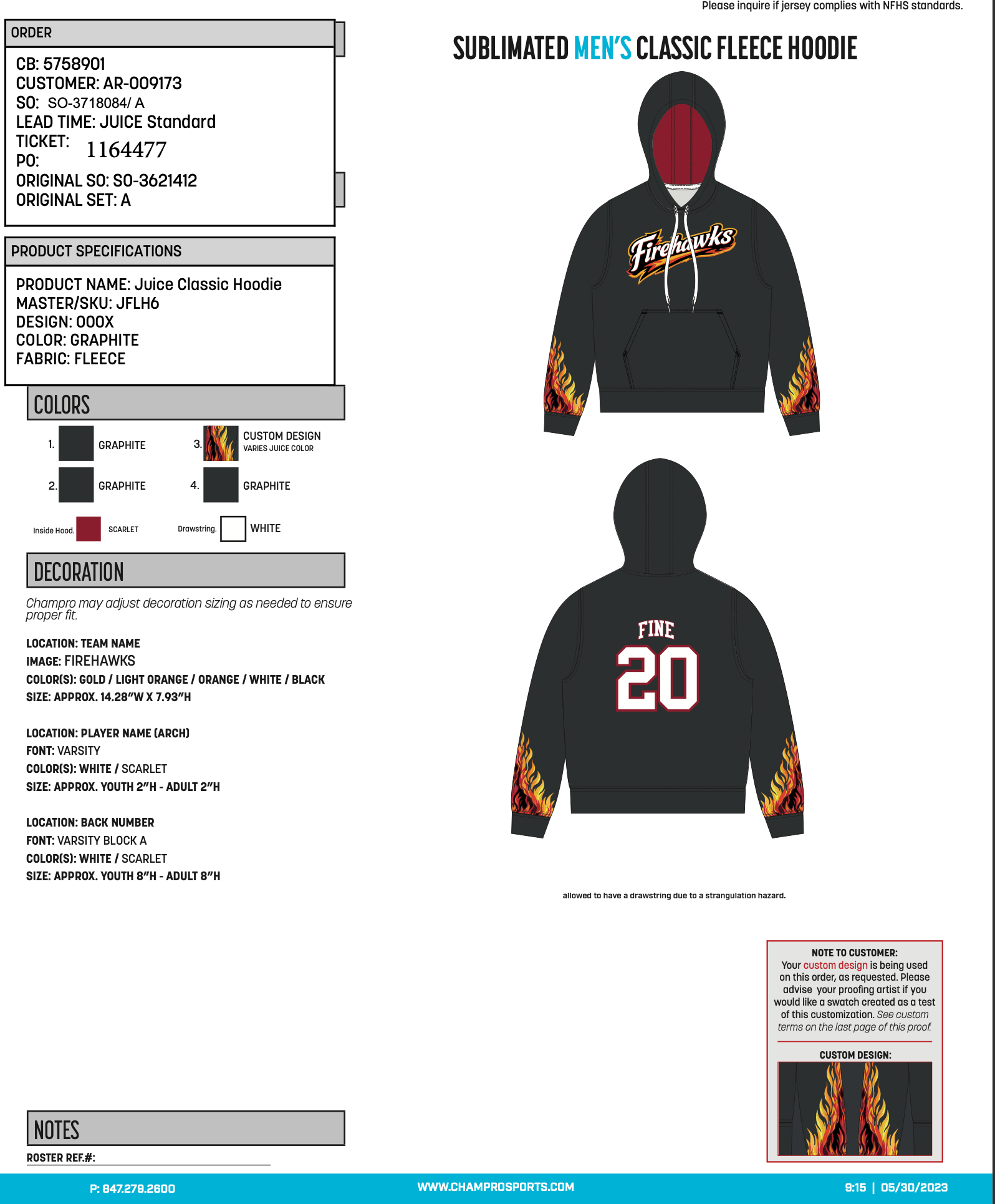 Firehawks graphite JFLH6 classic fleece hoodie front