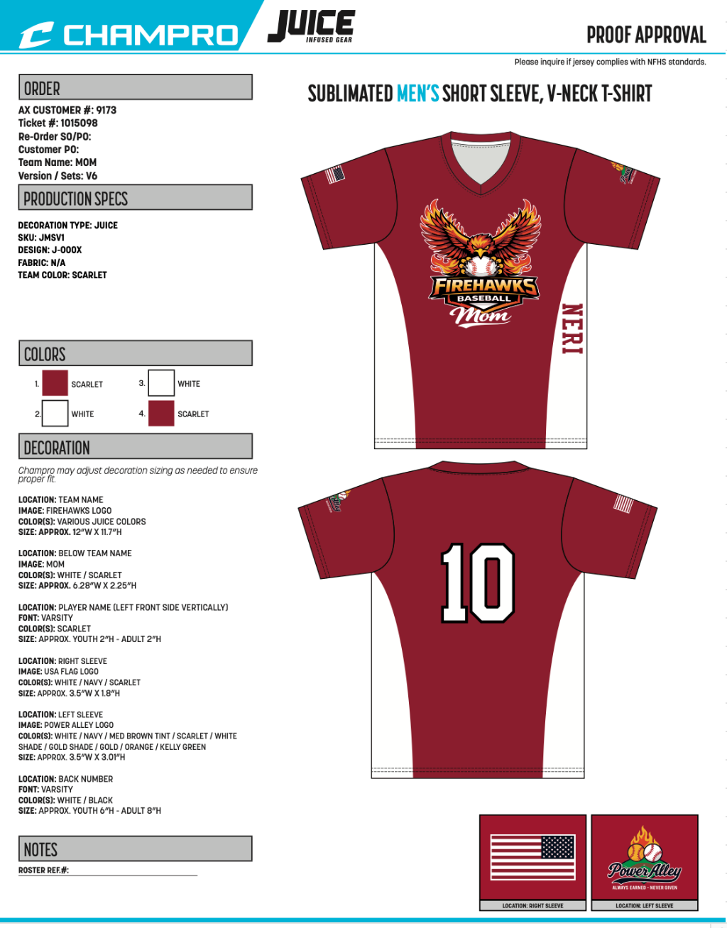 Firehawks scarlet JMSV1 Mom V-neck jersey front