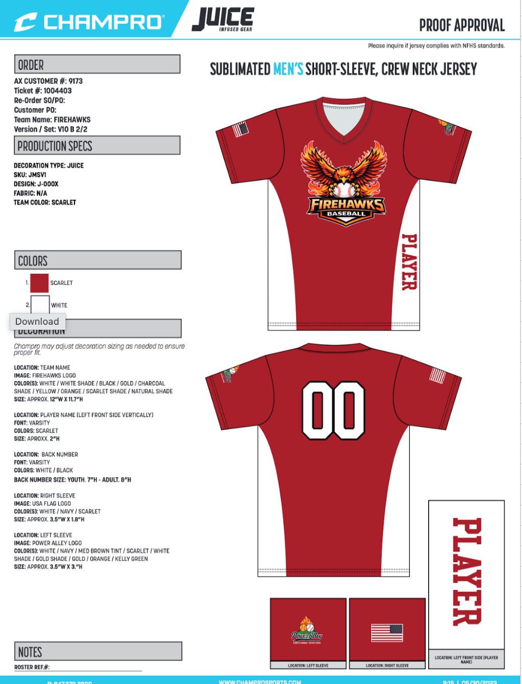 Firehawks scarlet JMSV1 parent V-neck jersey front